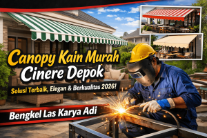 Pekerja bengkel las memasang canopy kain murah Cinere Depok – Bengkel Las Karya Adi Jakarta Selatan